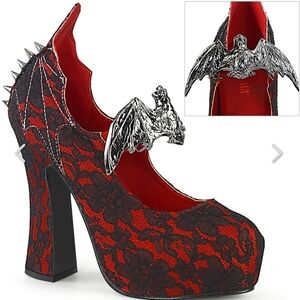 Demonia Demon-18 Red Satin Black Lace Mary Jane Concealed Platform Size 10